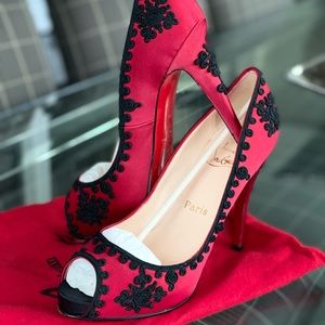 Christian Louboutin Red/Black Satin Heels